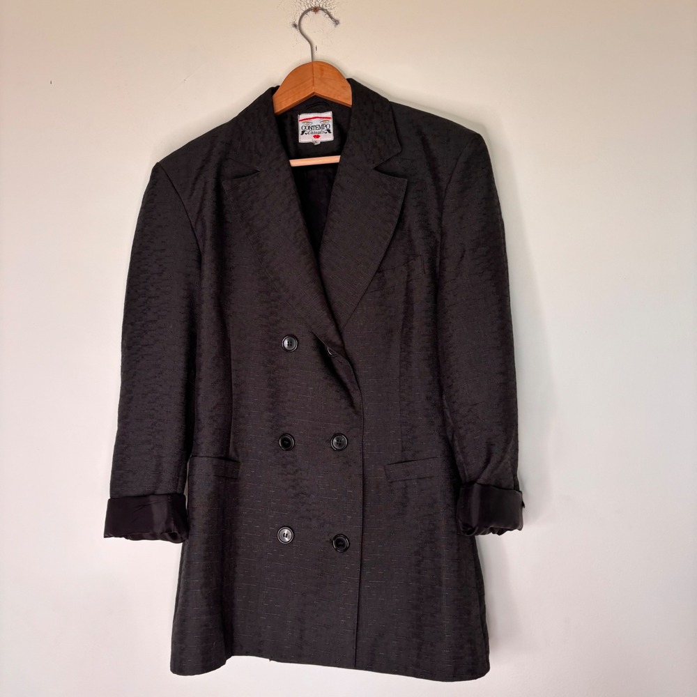 Vintage Contempo Casuals Black Double Breasted 1980 1990 Silk Blazer Size 12